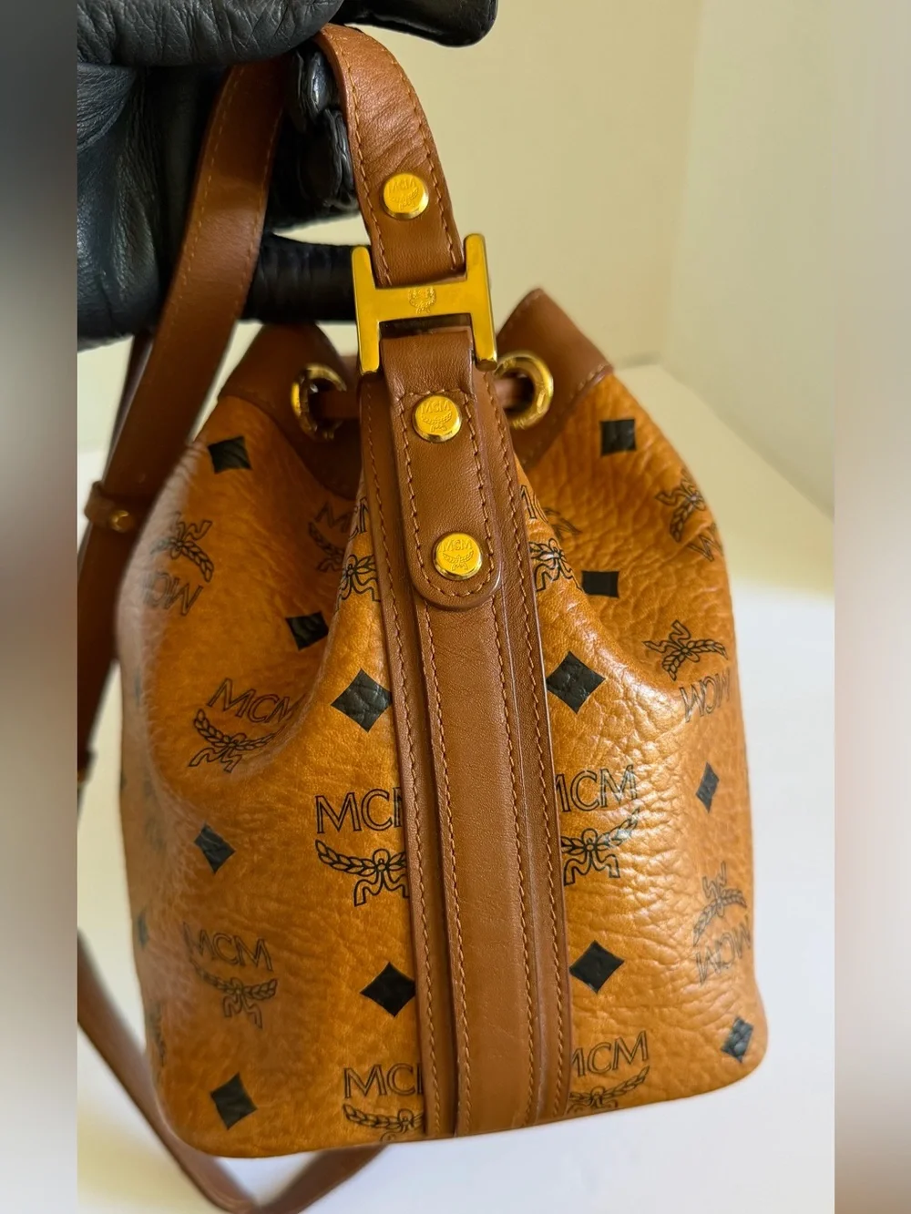 MCM Cognac Visetos Drawstring Crossbody Bucket Bag
